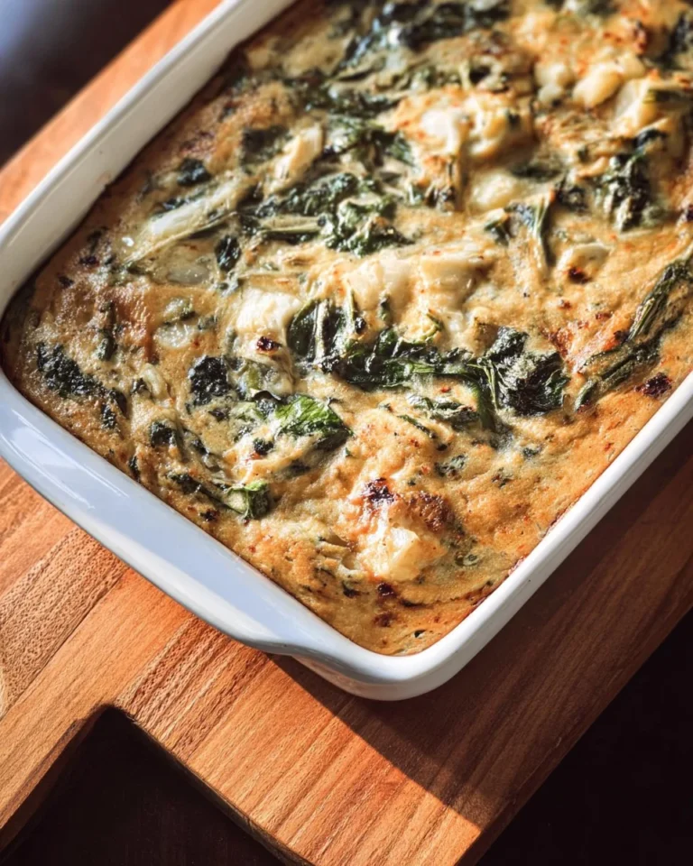 Delicious creamy artichoke spinach bake topped with cheese in a baking dish