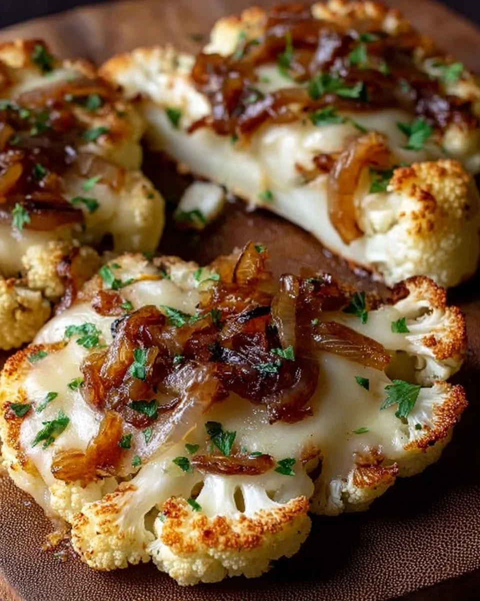 Crispy French Onion Cauliflower Steaks plated with toppings