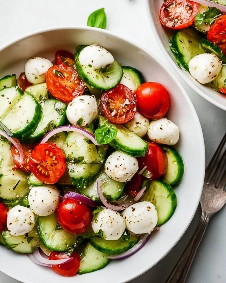 Fresh Cucumber Caprese Salad with tomatoes and mozzarella on a plate