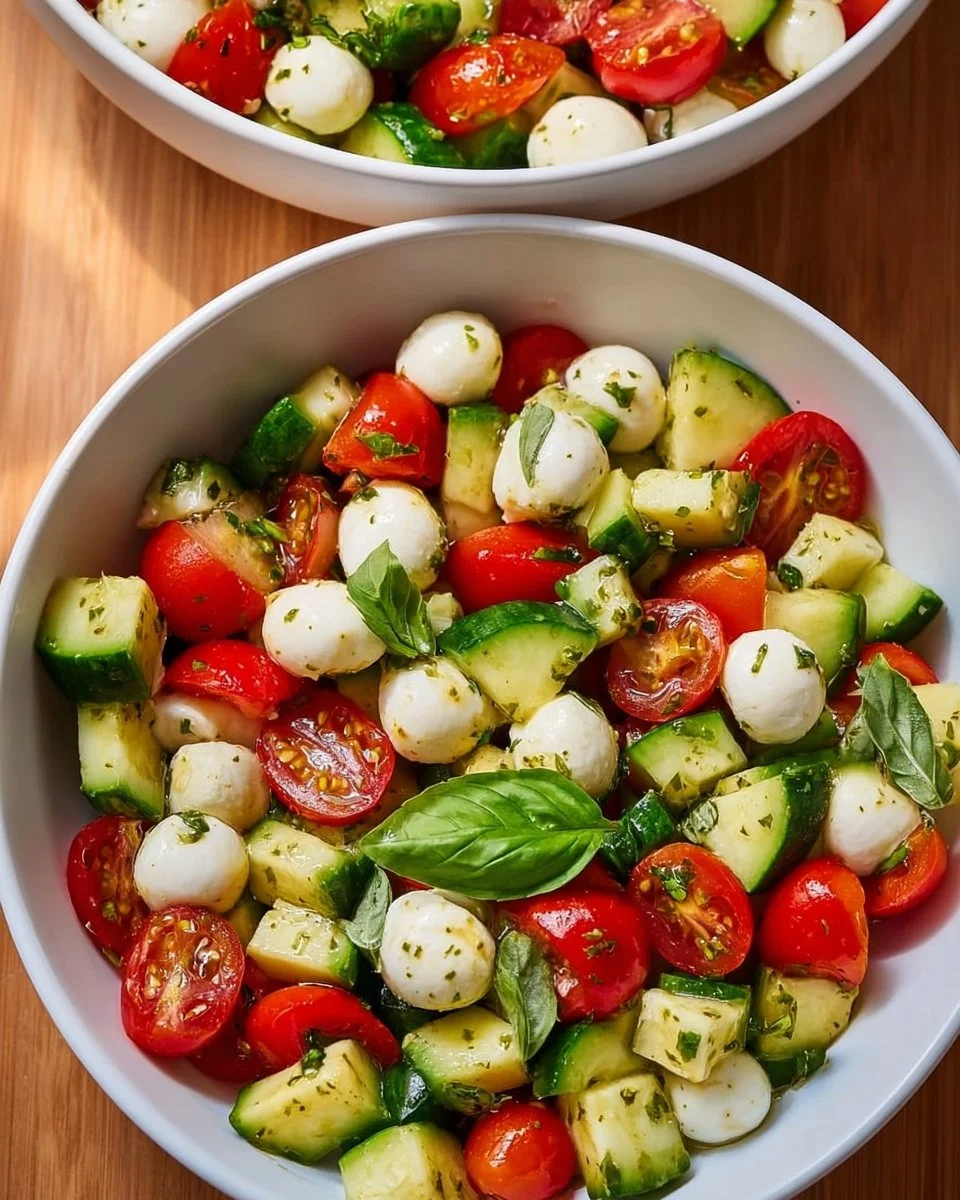 Cucumber Mozzarella Salad with fresh herbs and drizzled olive oil