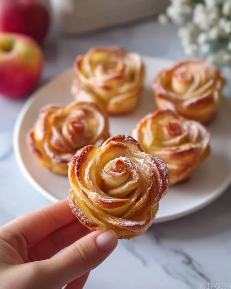 Delicate apple rose pastry blooms arranged on a plate, showcasing elegant dessert artistry.