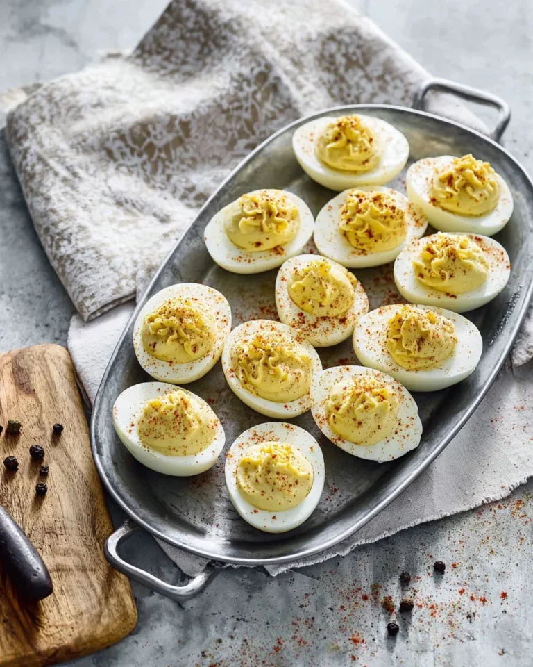 Plate of delicious deviled eggs garnished with paprika and herbs