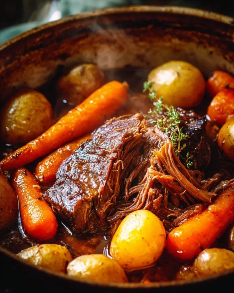 Dutch Oven pot roast with carrots and potatoes ready to serve