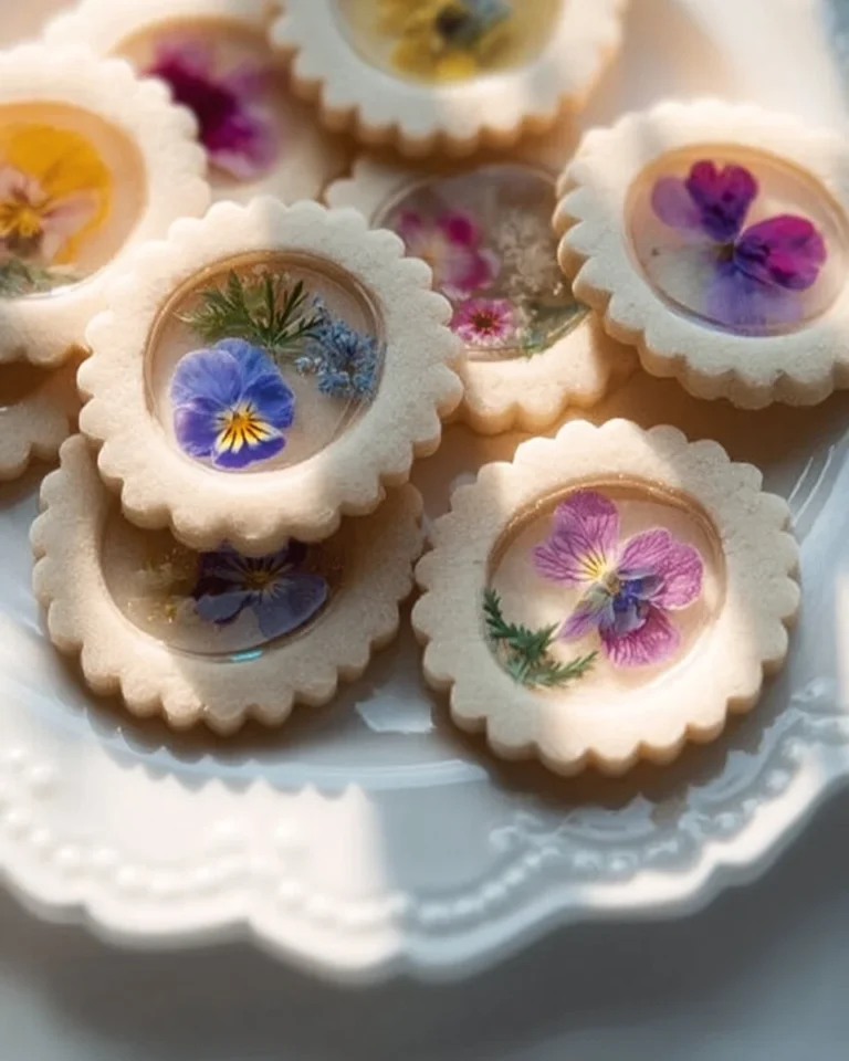 Vegan gluten-free Earl Grey stained glass floral cookies on a plate