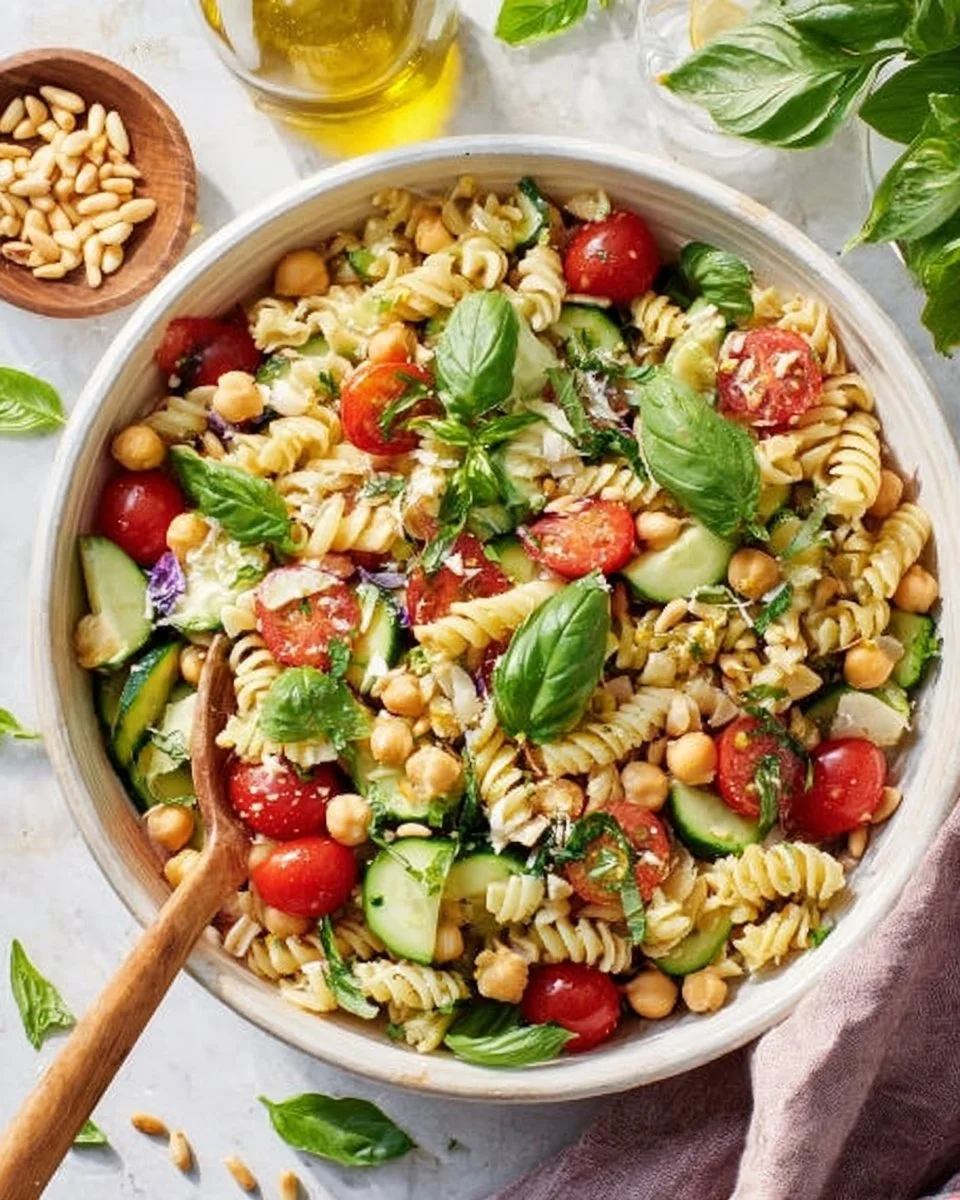 Bowl of easy pasta salad with vegetables and dressing