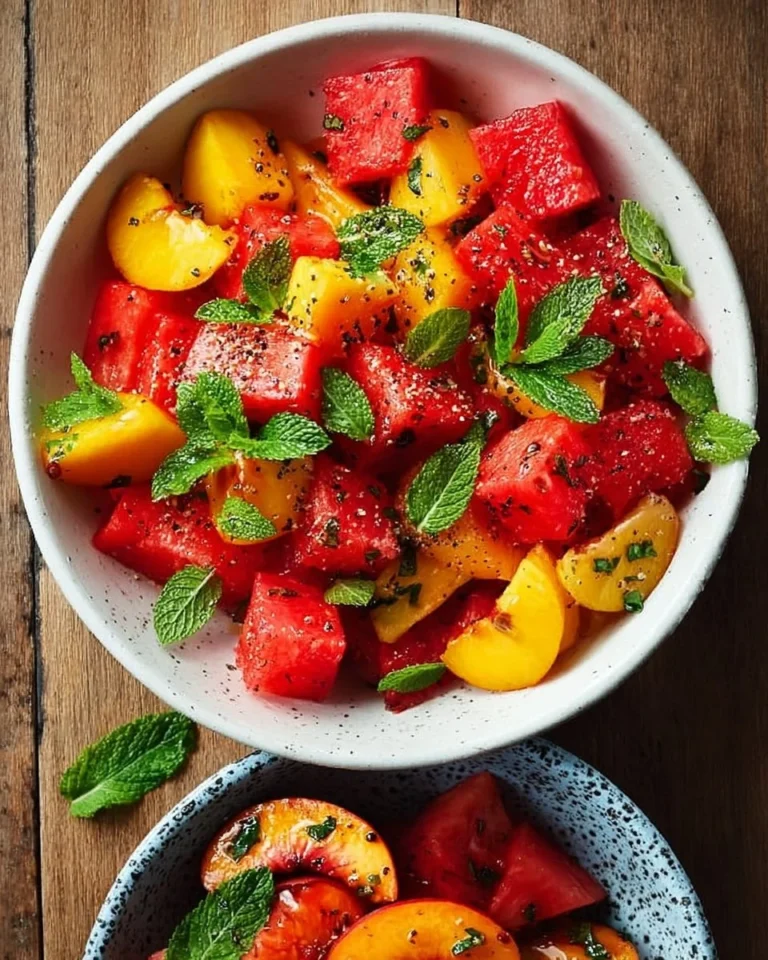 Bowl of easy summer peach watermelon salad with fresh ingredients