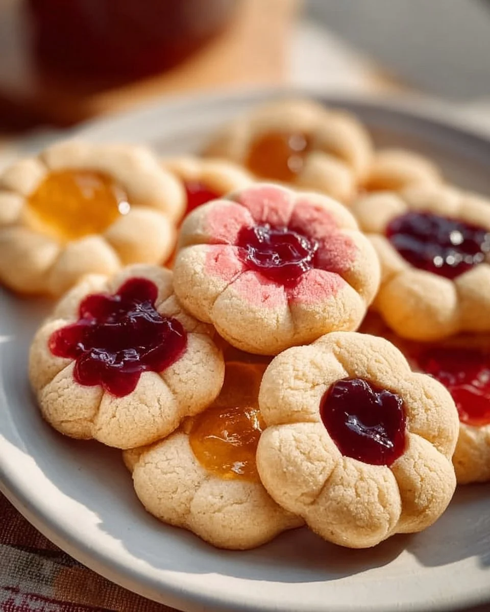 A plate of Flower Jam Thumbprint Cookies with colorful flower jam filling.
