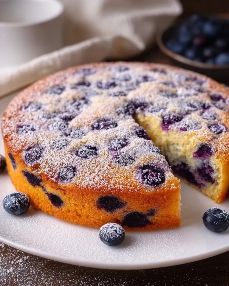 Fluffy Greek yogurt blueberry cake topped with fresh blueberries and whipped cream