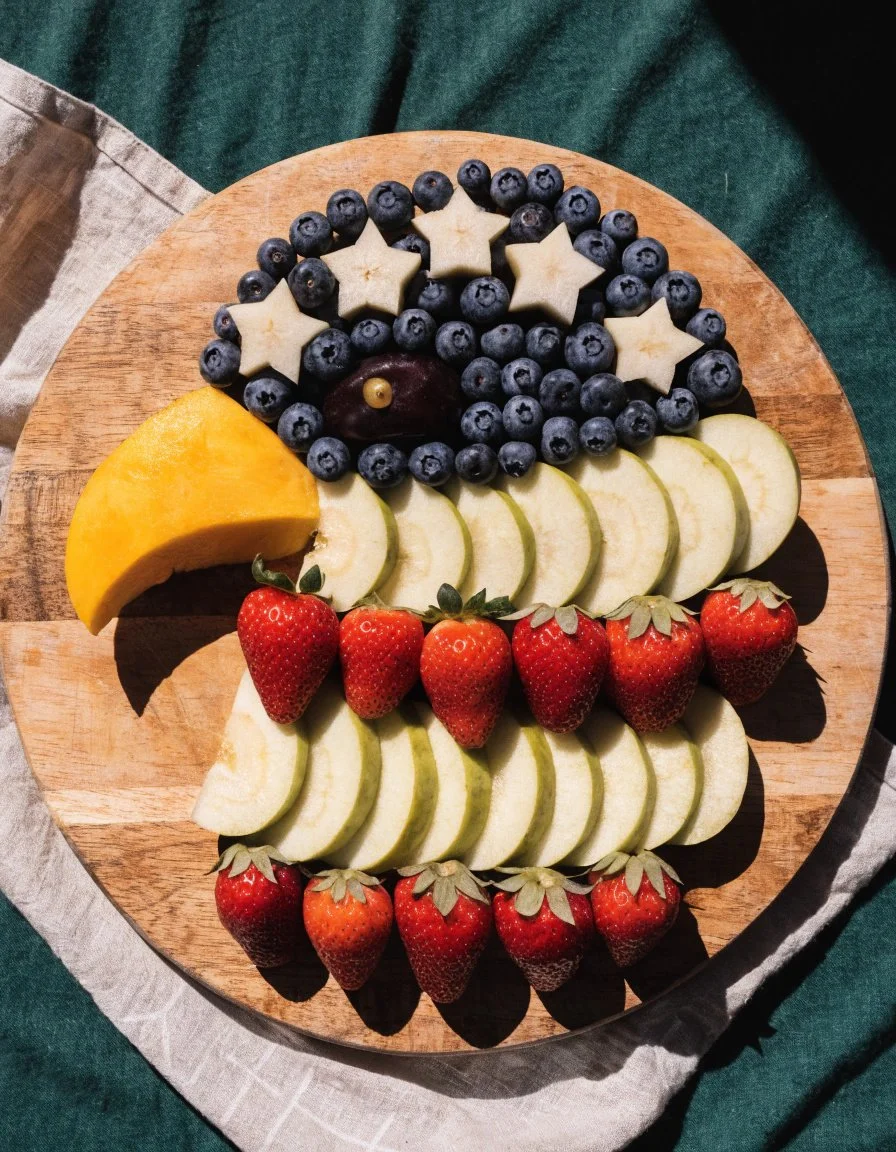 Freedom Eagle Patriotic Fruit Platter featuring red, white, and blue fruits.