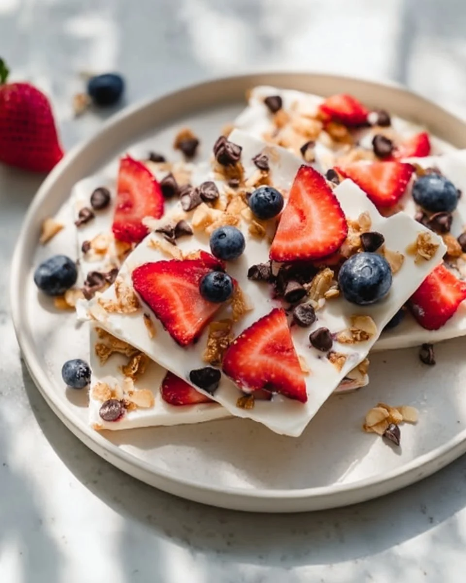 Delicious frozen yogurt bark topped with fruits and nuts