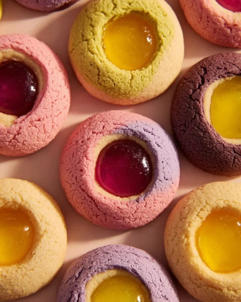 Fruity thumbprint cookies with vibrant jam filling on a plate