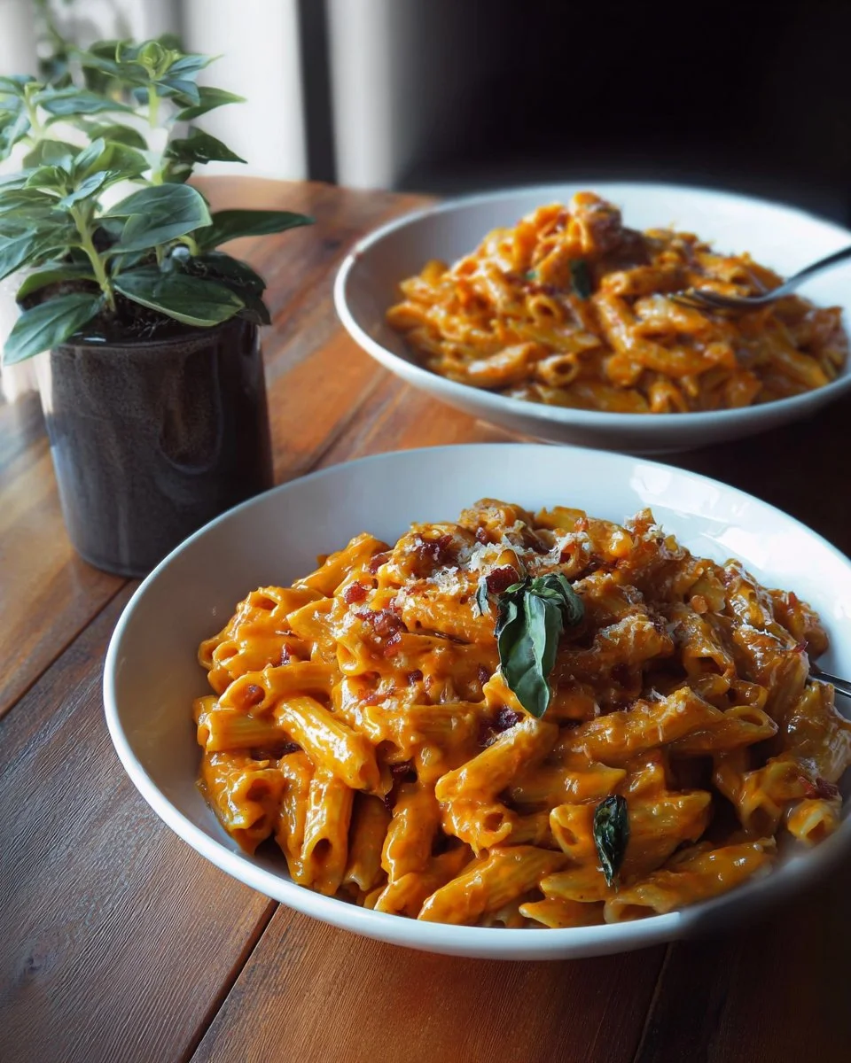 Gluten free and vegan vodka pasta served in a bowl with fresh herbs.