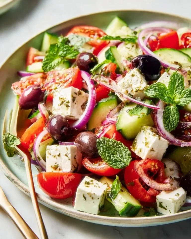 Delicious Greek Salad with fresh vegetables, olives, and feta cheese.
