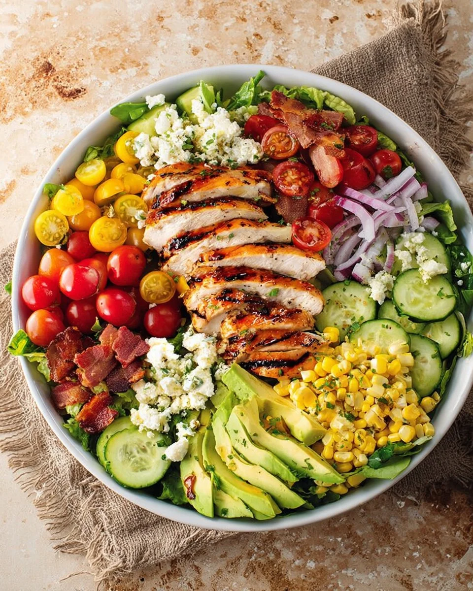 Delicious grilled chicken salad with fresh vegetables and dressing
