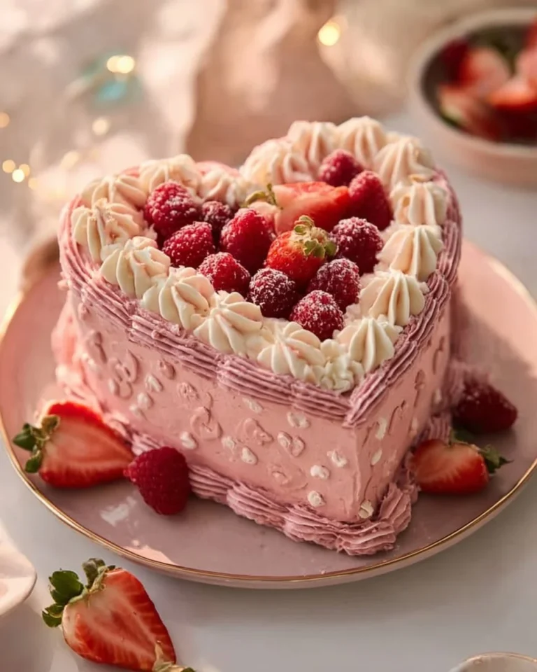 Heart-shaped berry cake topped with fresh berries and whipped cream.