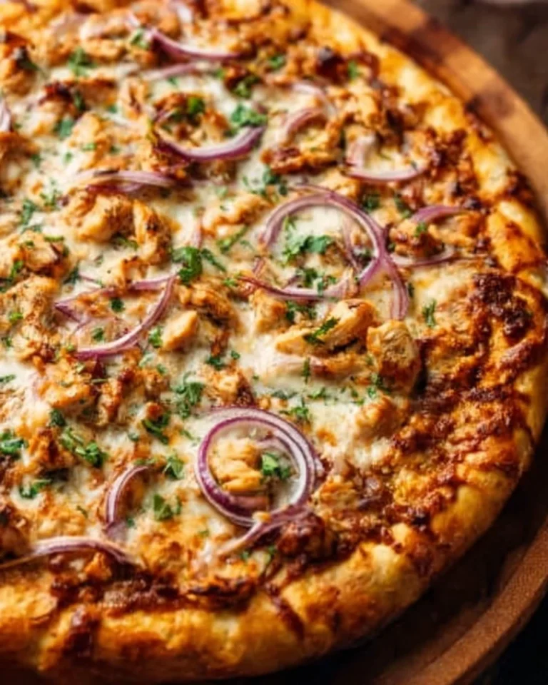 Homemade BBQ chicken pizza with barbecue sauce, chicken, and cheese toppings
