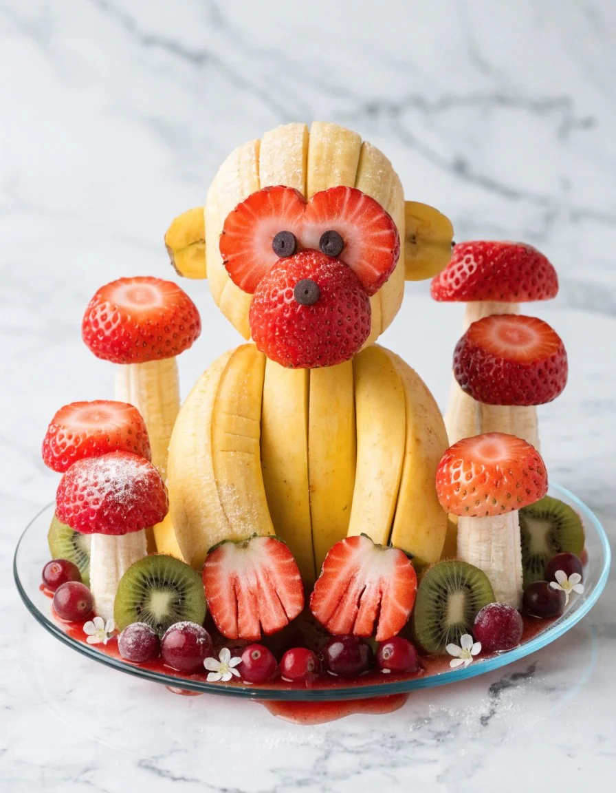 Colorful Jungle Monkey Banana and Strawberry fruit sculpture for events