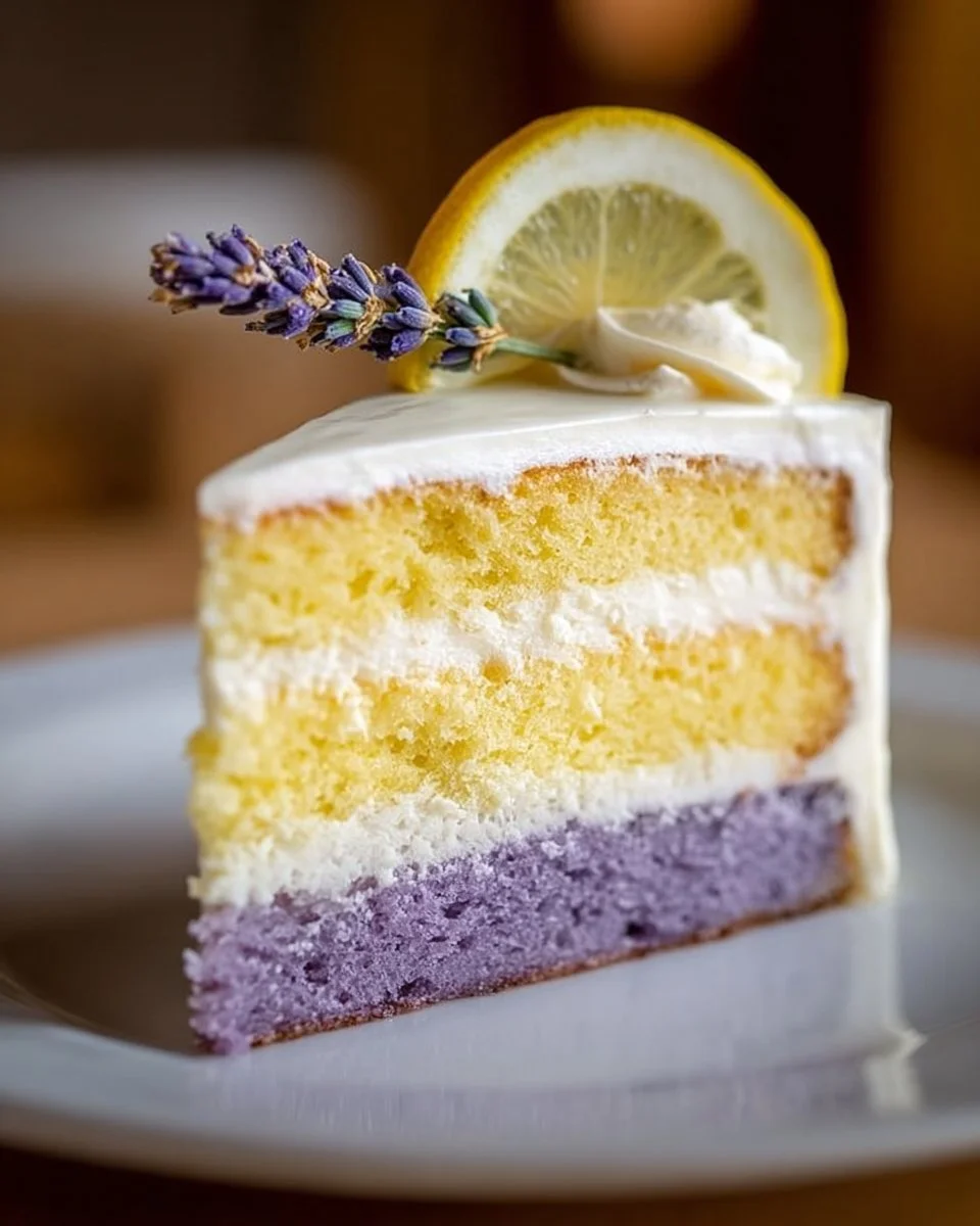 Lemon Lavender Cake with icing and fresh lavender decoration