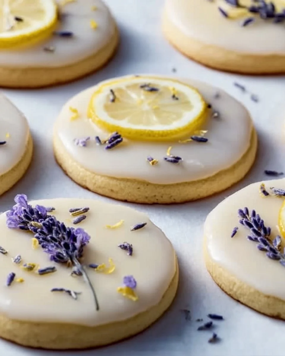 Lemon lavender cookies on a plate with decorative flourishes