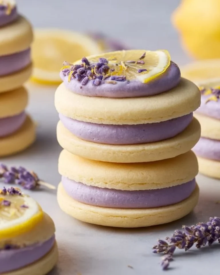 Lemon Lavender Sandwich Cookies with a creamy filling between two cookies