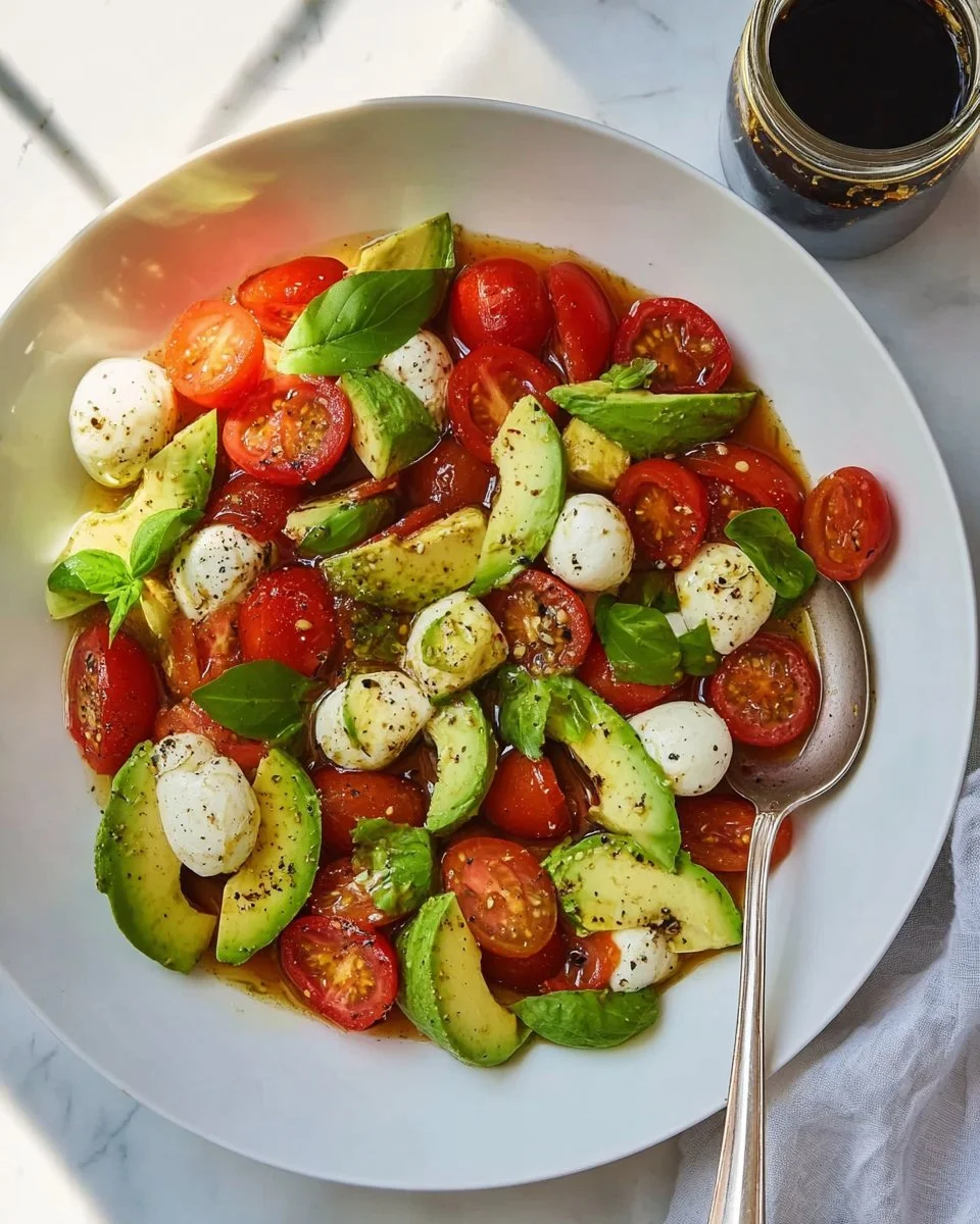 Light Avocado Caprese Salad with mozzarella, tomatoes, and fresh basil.