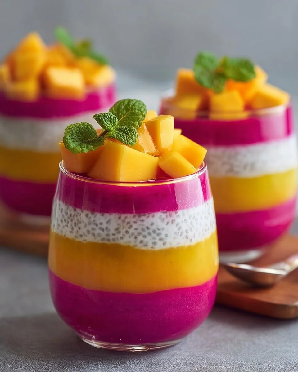 Mango and dragon fruit chia pudding topped with fresh fruit