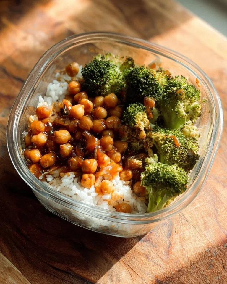 Meal prep sesame chickpeas served with almond butter sauce in a bowl