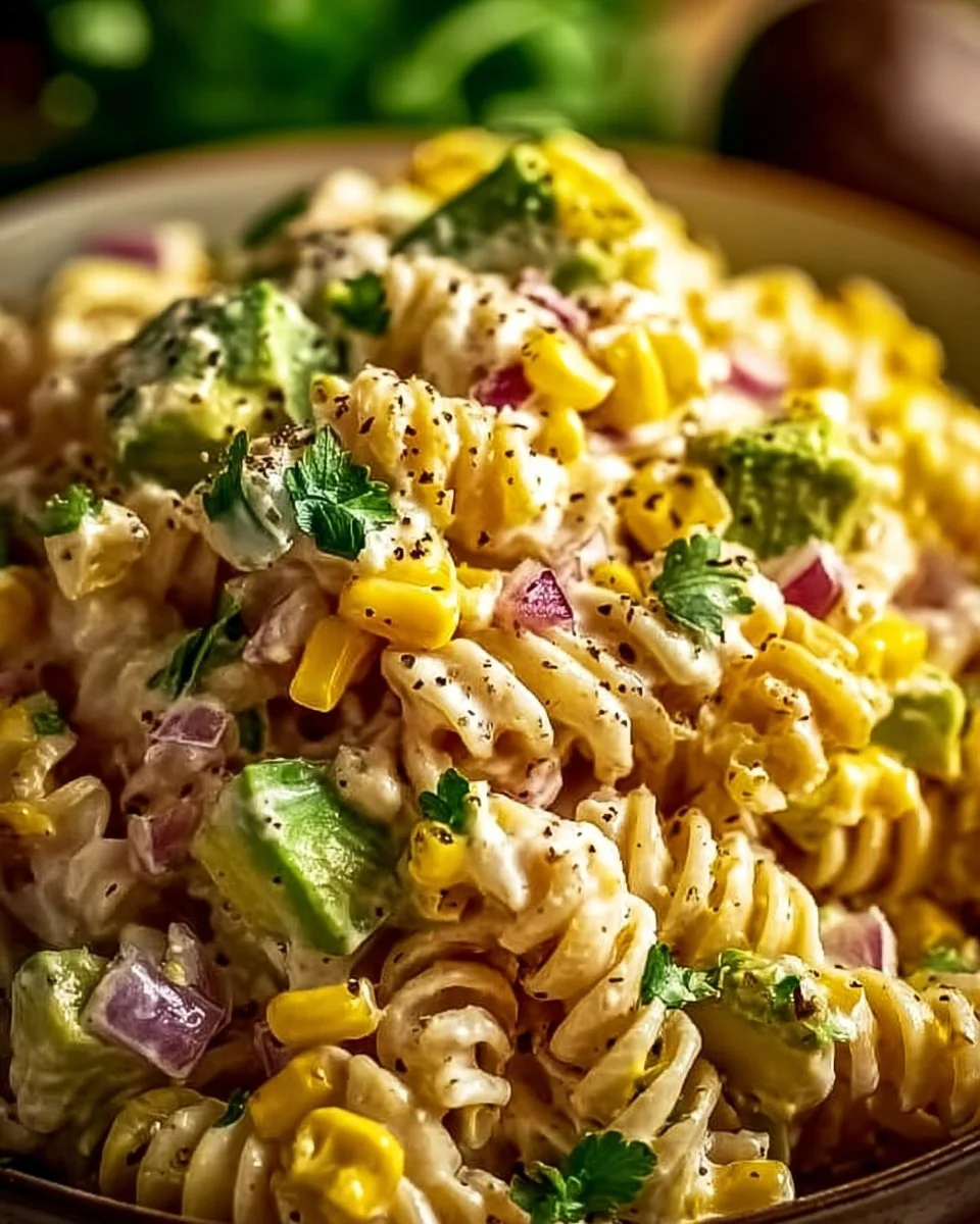 Delicious Mexican street corn pasta salad with fresh ingredients and vibrant colors.