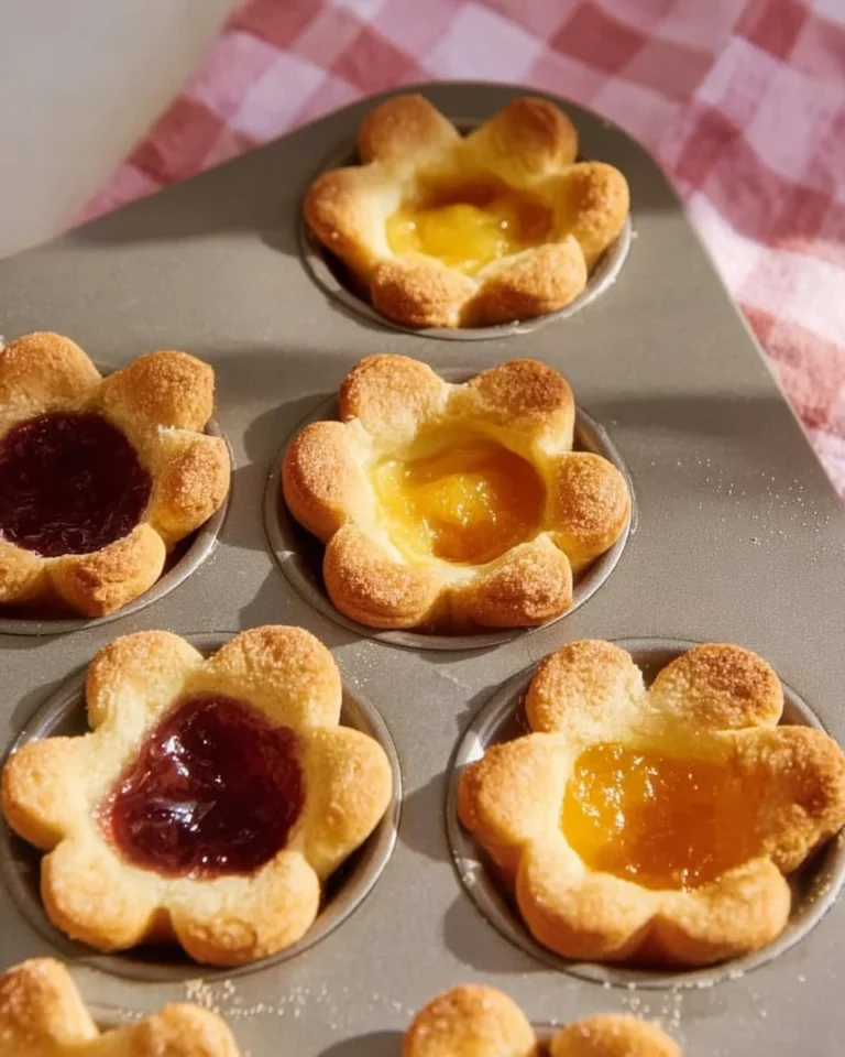 Mini flower pies decorated with colorful edible flowers on a plate.