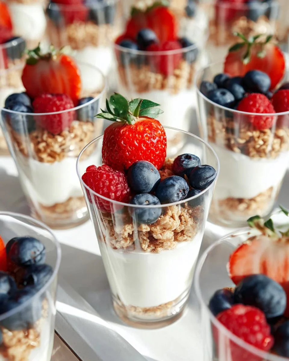Mini fruit and yogurt parfaits with colorful layers of fruit and creamy yogurt