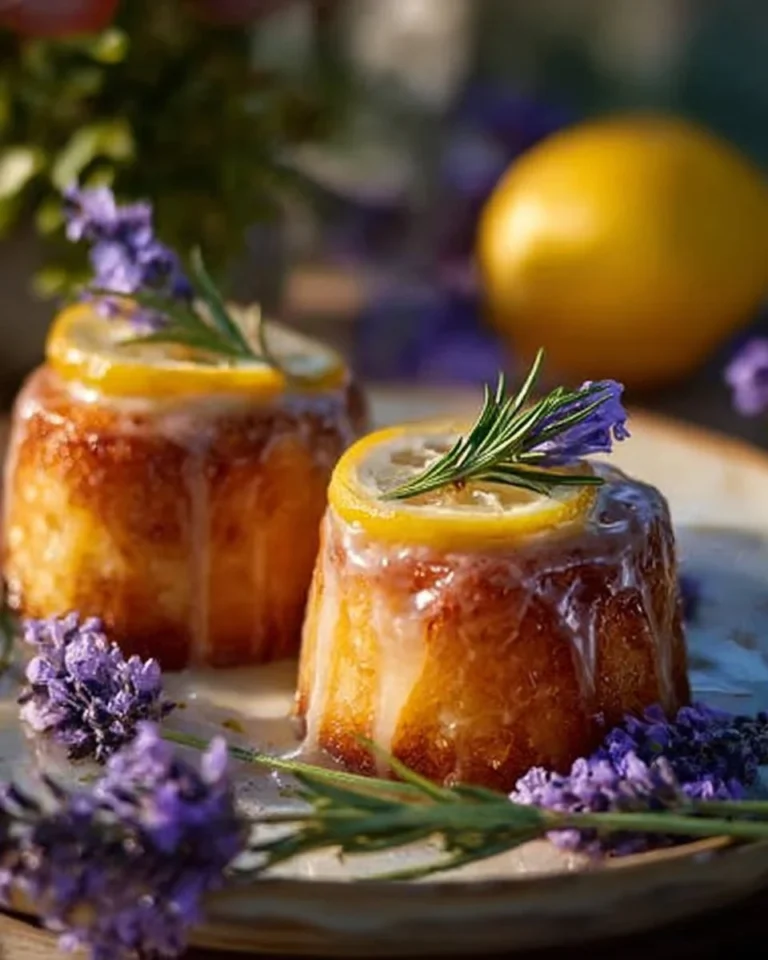 Mini lemon cakes with lavender glaze on a decorative plate
