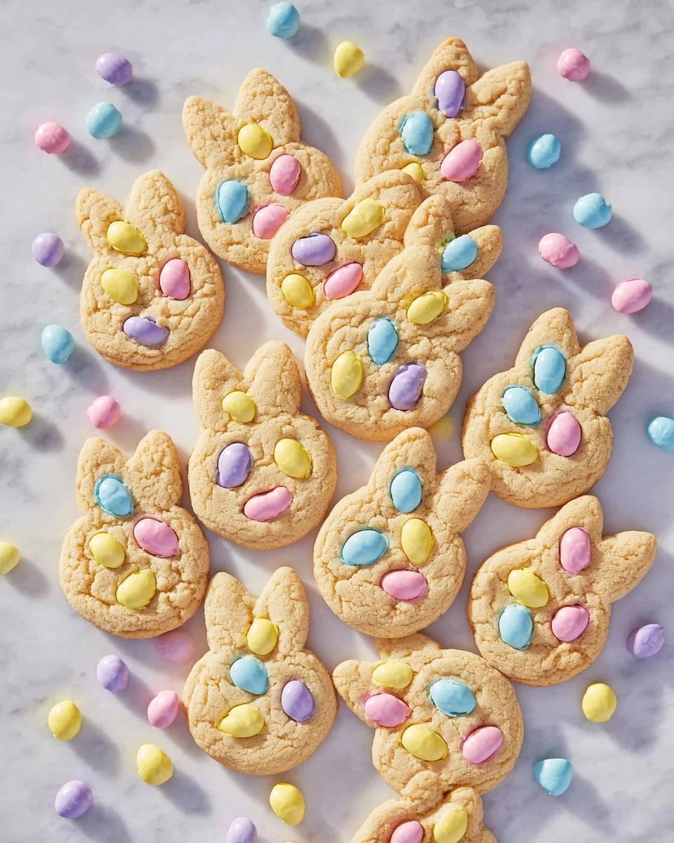 M&M bunny cookies, soft and chewy, perfect for Easter treats.