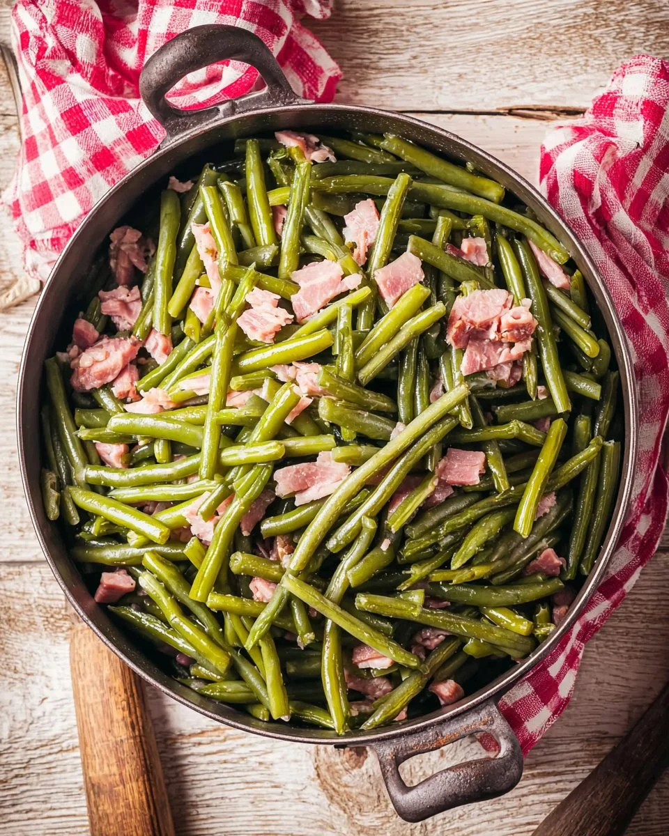 Delicious plate of Old Fashioned Southern Style Green Beans cooked to perfection.