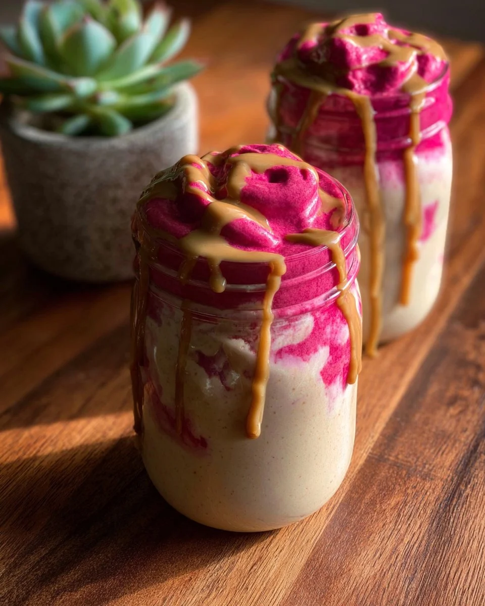 Creamy Peanut Butter and Jelly Smoothie in a glass with fresh ingredients