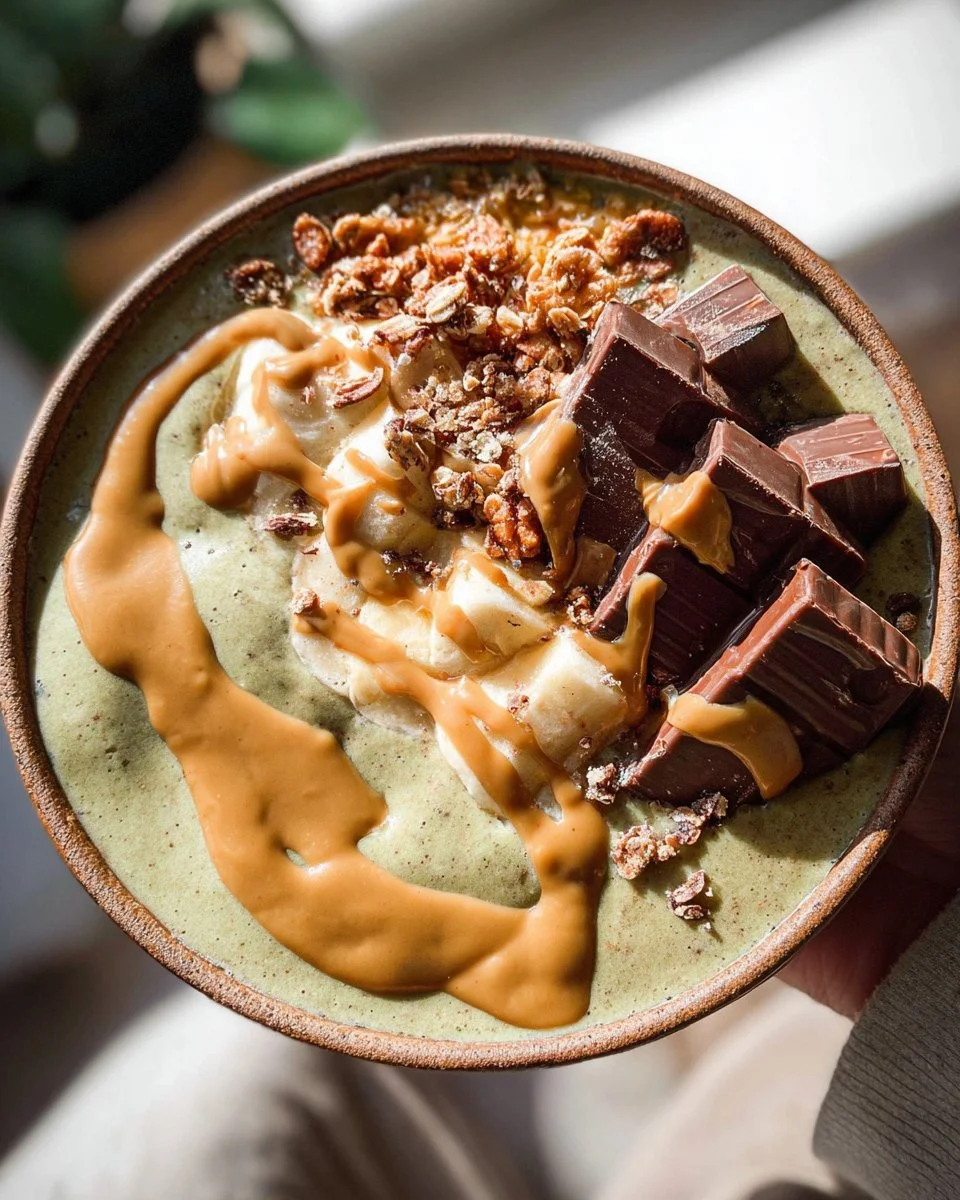 Creamy Peanut Butter Cup Smoothie in a glass with a straw on a wooden table