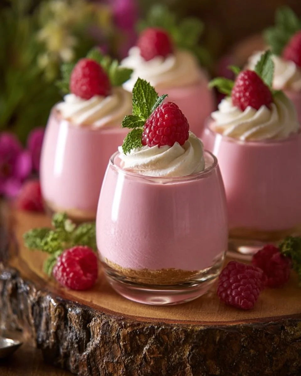 Delicious Raspberry Cheesecake Mousse in a glass topped with fresh raspberries.