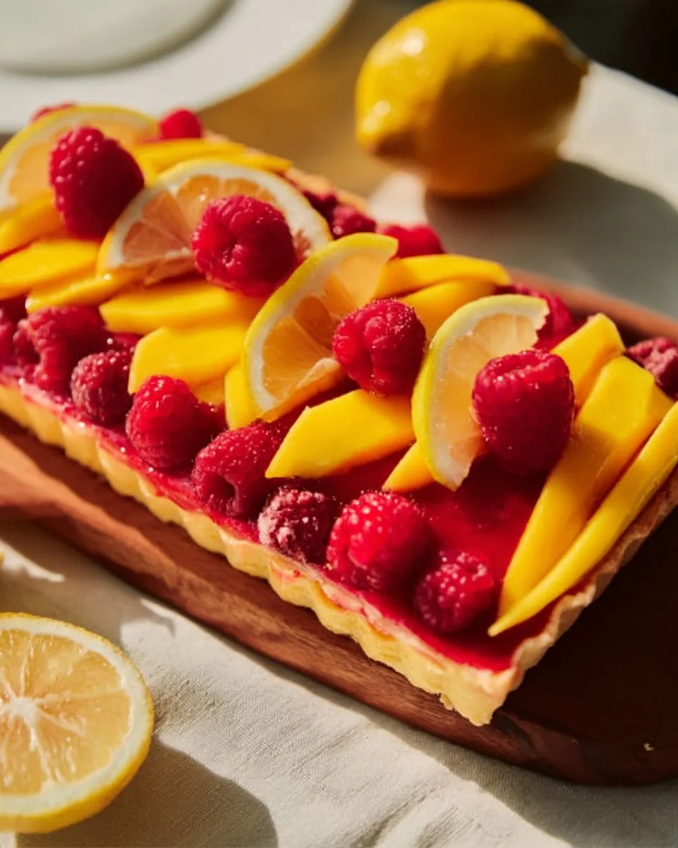 Delicious Raspberry Mango Tart with fresh raspberries and mango on a crispy crust