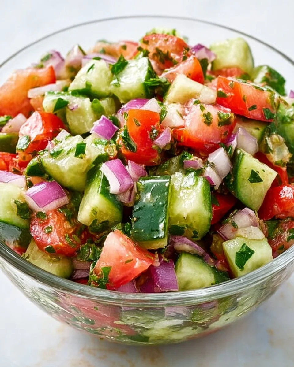 Bowl of refreshing Italian cucumber salad with fresh herbs and vinaigrette dressing