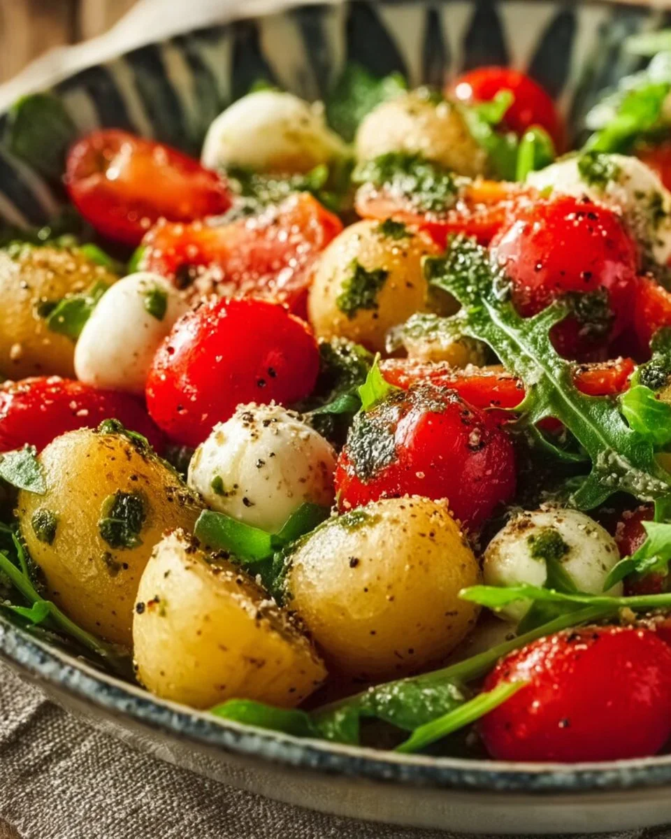 Roasted gnocchi salad with basil pesto, tomatoes, mozzarella, and fresh arugula