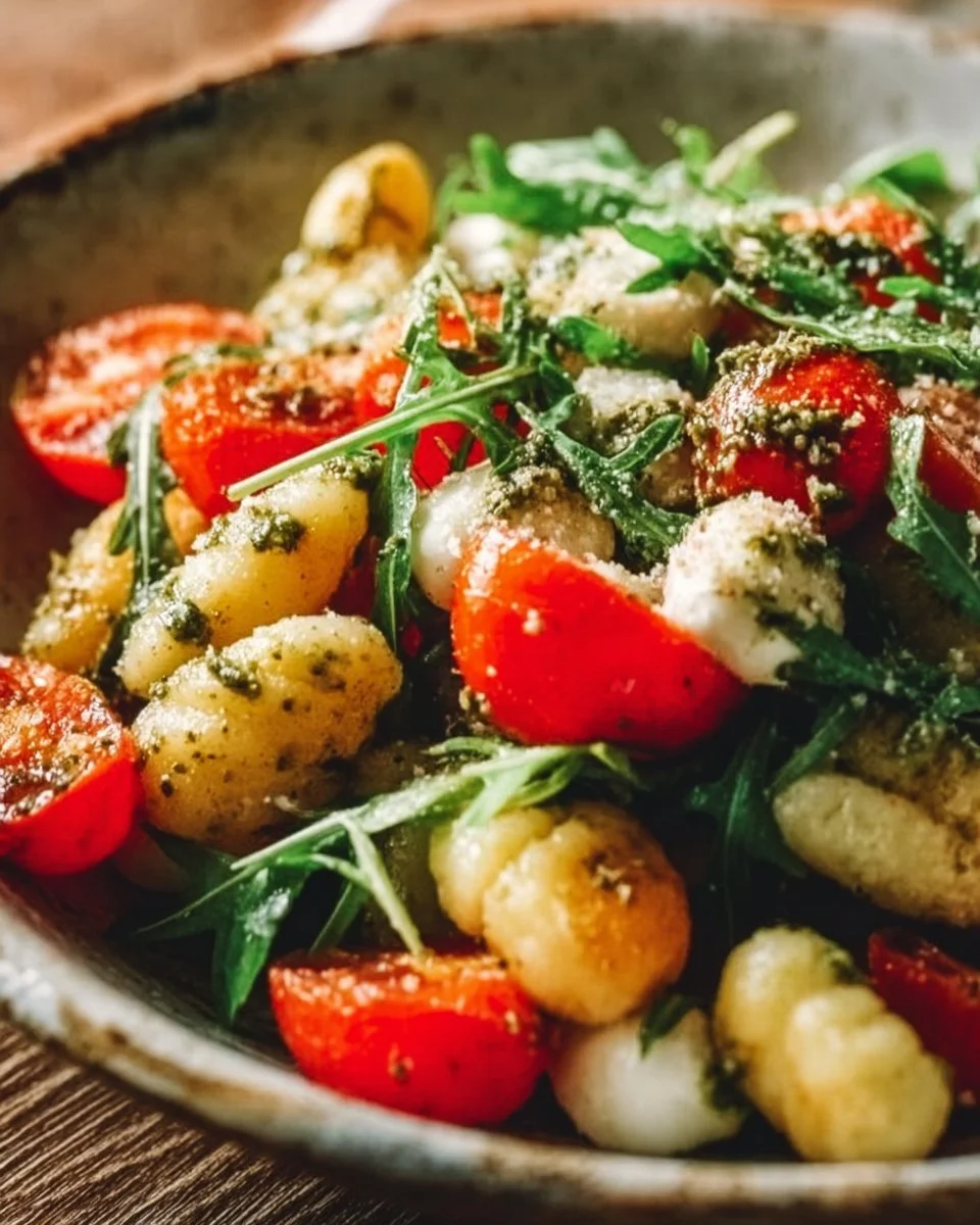 Roasted Gnocchi Salad with Basil Pesto, Tomatoes, Mozzarella, and Arugula
