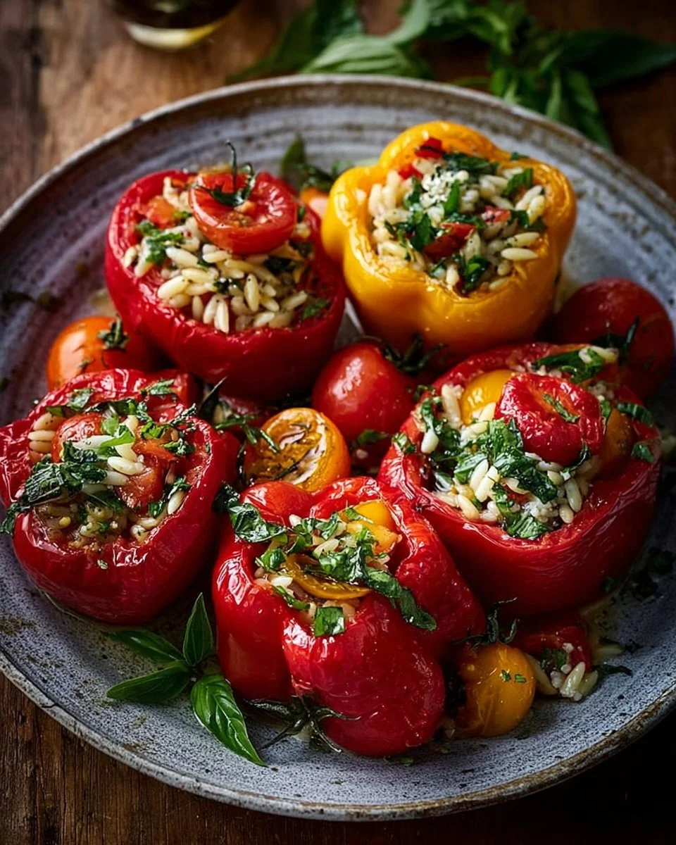 Roasted red bell peppers filled with orzo and garnished with lemony basil.