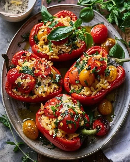 Roasted Red Bell Peppers Stuffed with Orzo and Topped with Lemony Basil