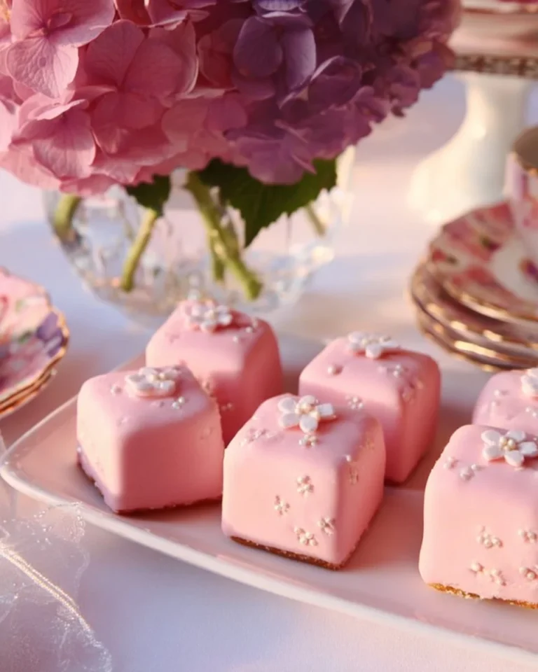 Rose and lemon fondant fancies arranged on a platter