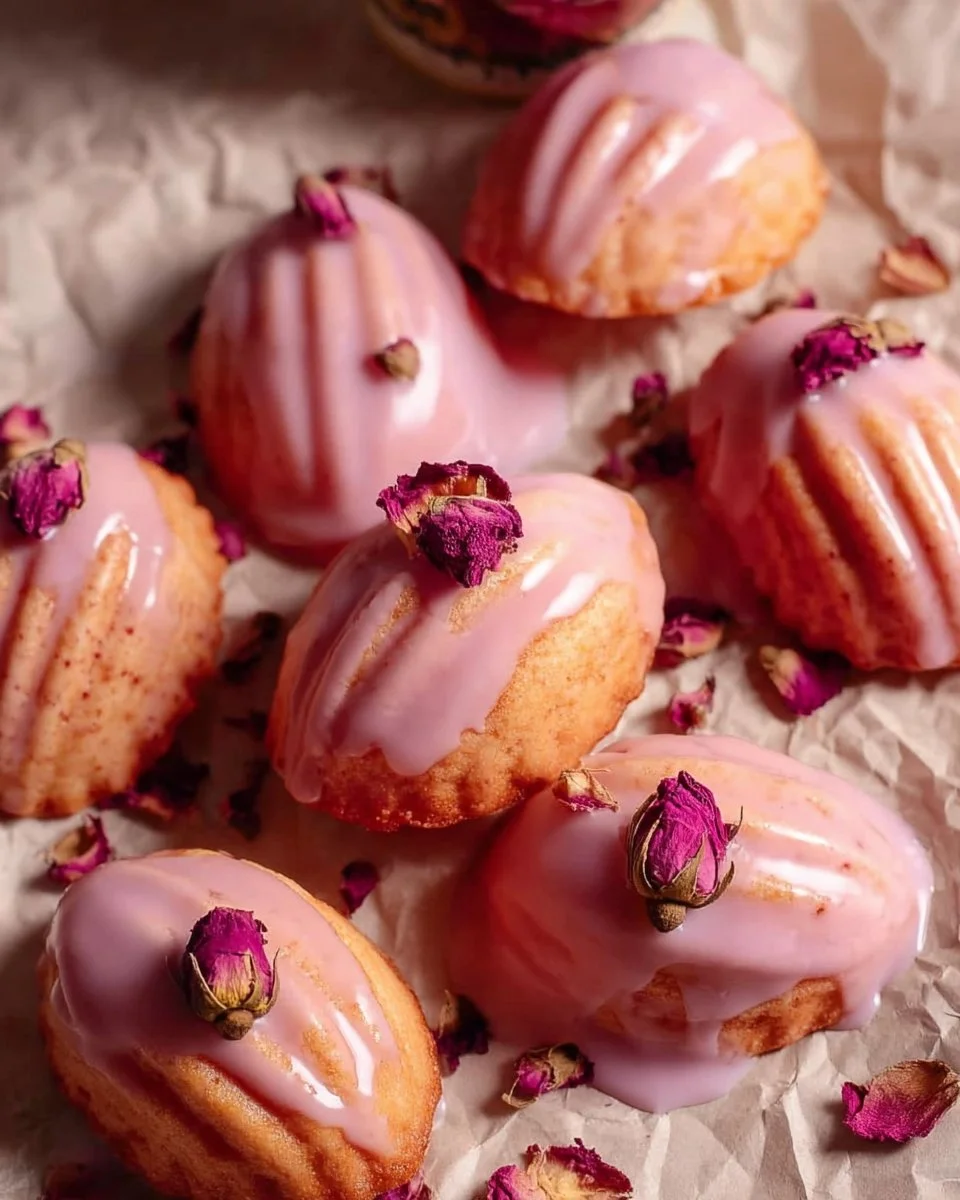 Delicious rose madeleines with a rose water glaze on a plate