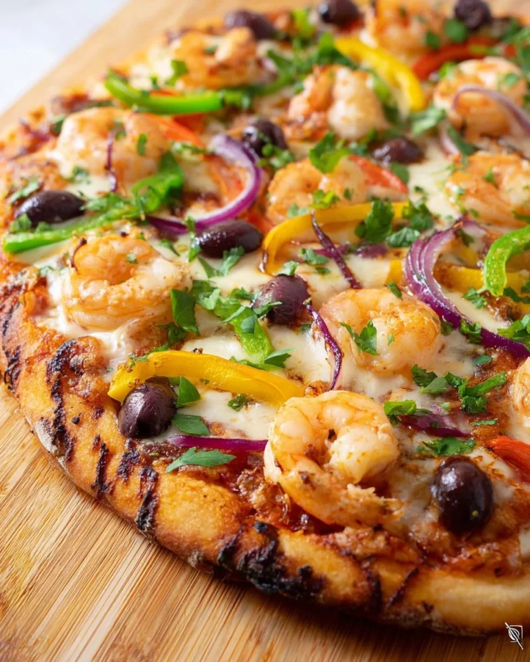 Delicious Seafood Pizza topped with fresh shrimp, fish, and herbs