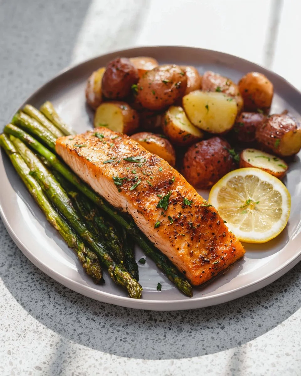 Sheet pan salmon with asparagus and roasted potatoes on a baking sheet.