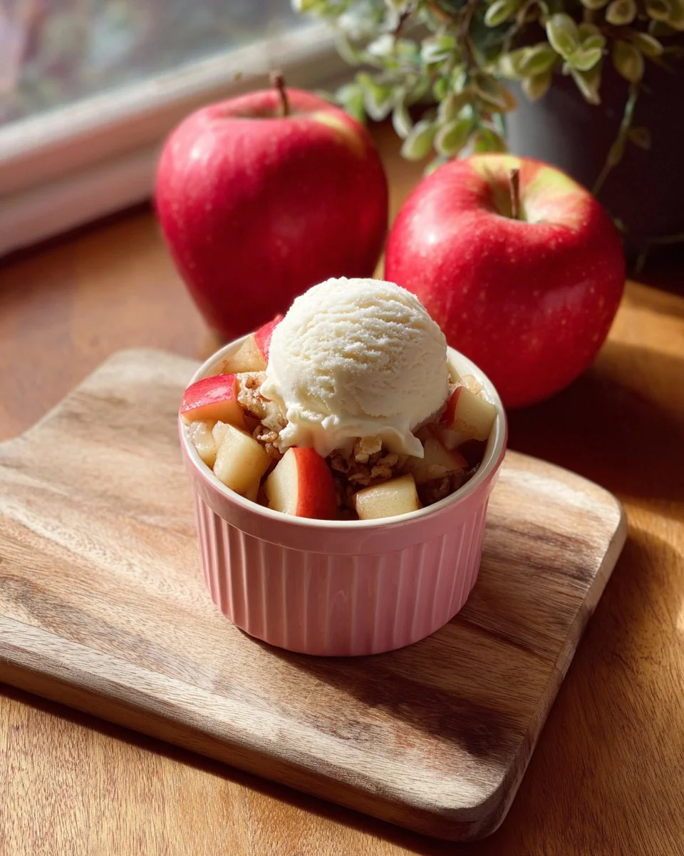 Delicious single serving apple crisp topped with oats and cinnamon