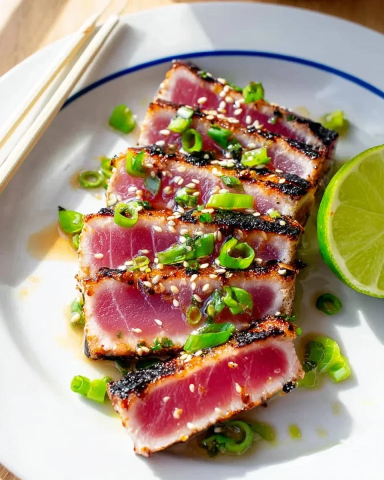 Seared Ahi Tuna Steaks on a plate garnished with herbs and spices