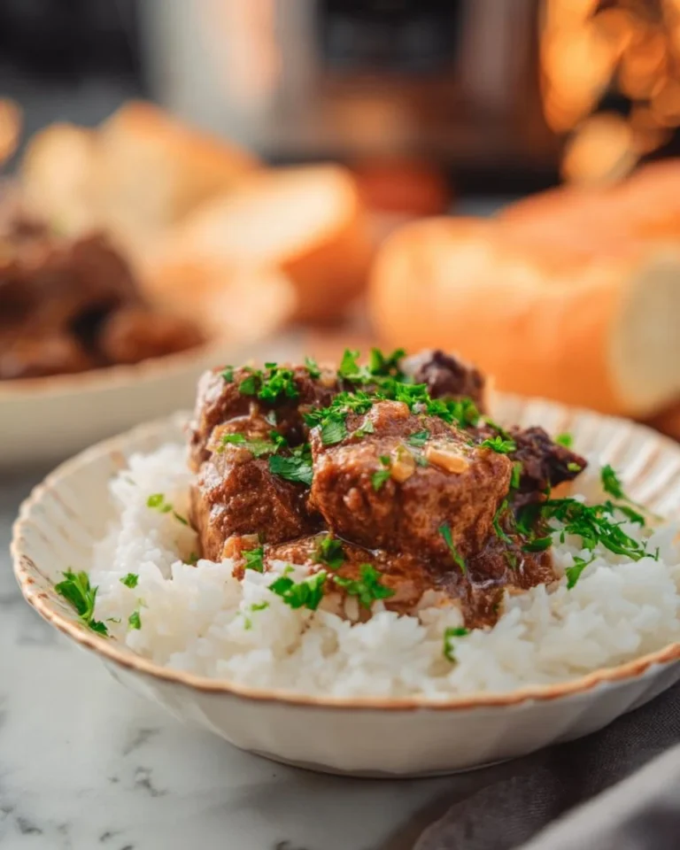 Delicious slow cooker beef and mushroom stew served in a bowl.
