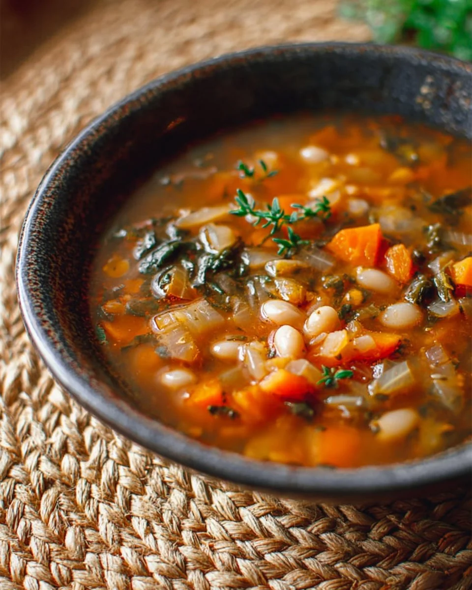 Bowl of slow cooker navy bean soup with vegetables and herbs